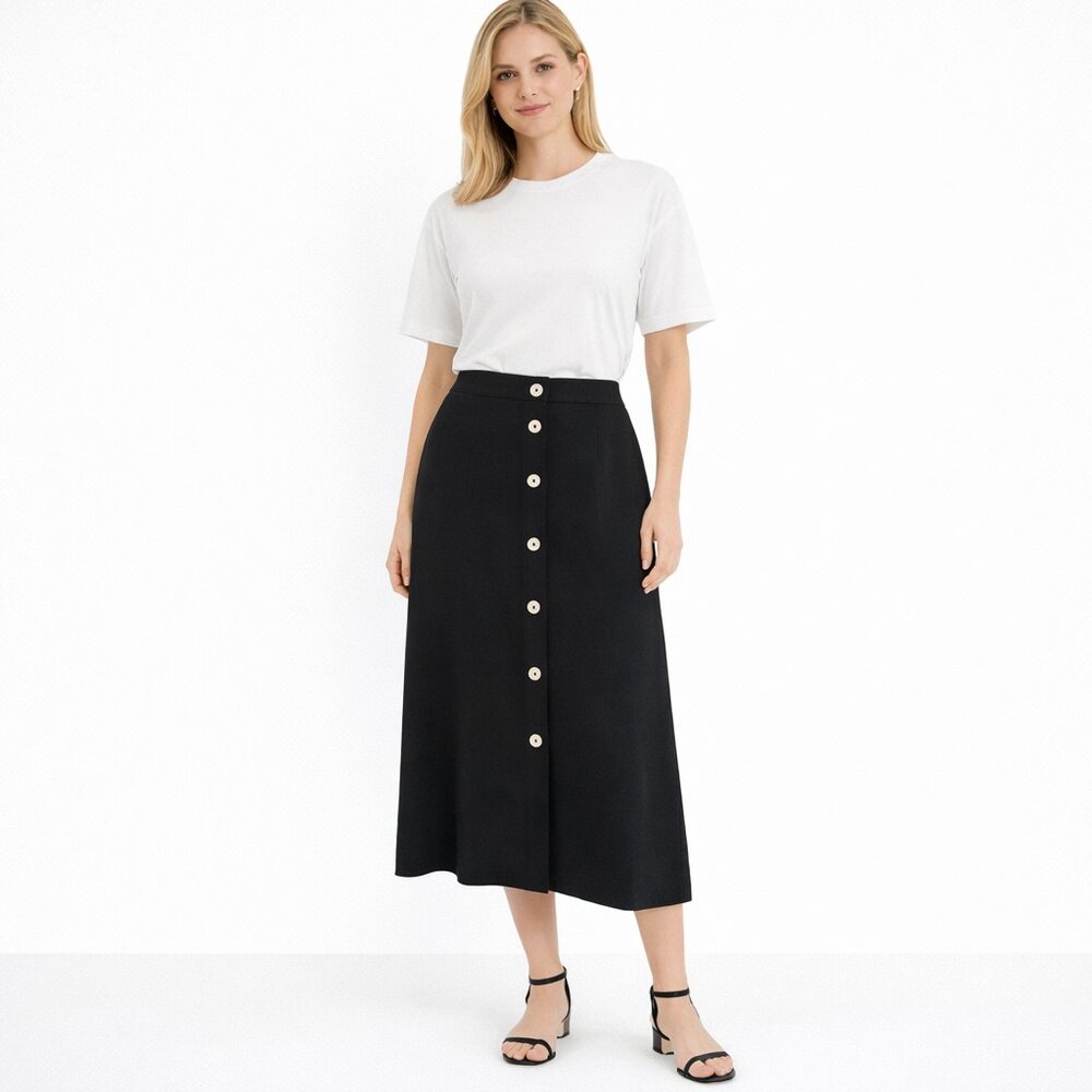 Wilfred Aritzia Black Button Front Midi Skirt High Waist Flowy Minimalist S